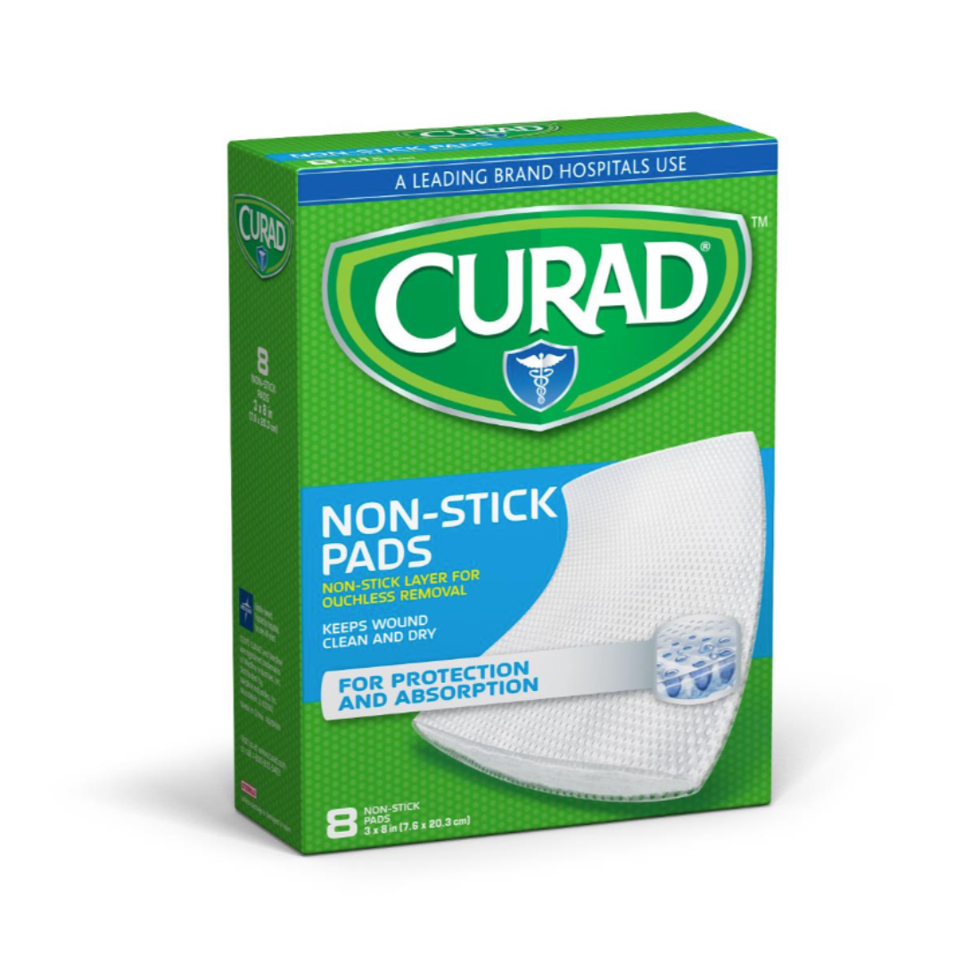 A green and blue box of Medline CURAD Sterile Nonstick Pads with a large Curad logo, highlighting benefits like a non-stick layer, keeps wound clean and dry, for protection and absorption, and contains 8 sterile nonstick pads.